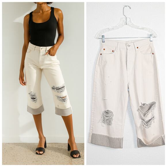 RE/DONE Cuffed super Cropped Denim Jeans Cream white 26waist - Picture 1 of 11
